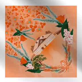 Peach silk wild rag with orange florals, teal botanicals, and a historic building motif.
